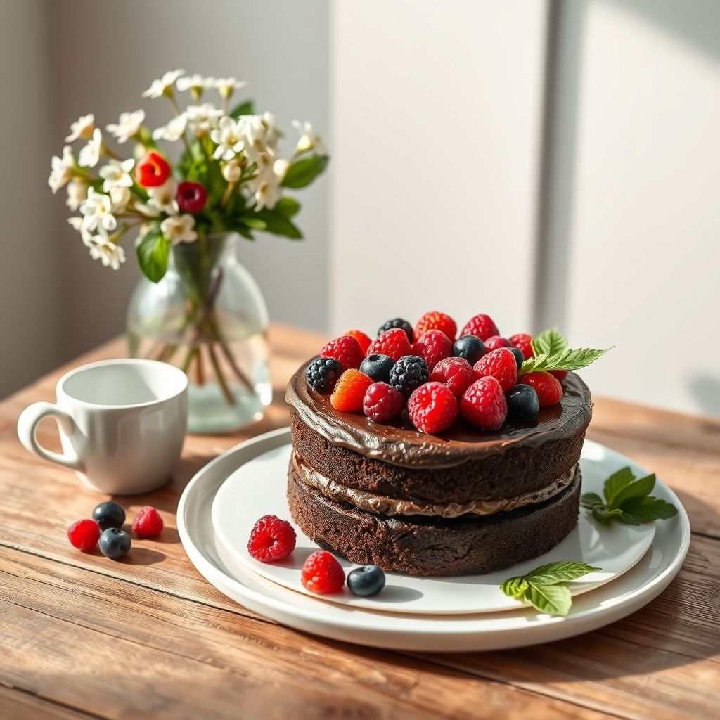 Un gâteau au chocolat à trois couches, décoré d'un assortiment coloré de baies fraîches, posé sur une assiette blanche simple sur une table en bois rustique. Un vase en verre contient des fleurs blanches délicates et des feuilles vertes, apportant fraîcheur et ambiance printanière. Une tasse blanche suggère un moment chaleureux. La lumière naturelle douce crée une atmosphère festive et gourmande.