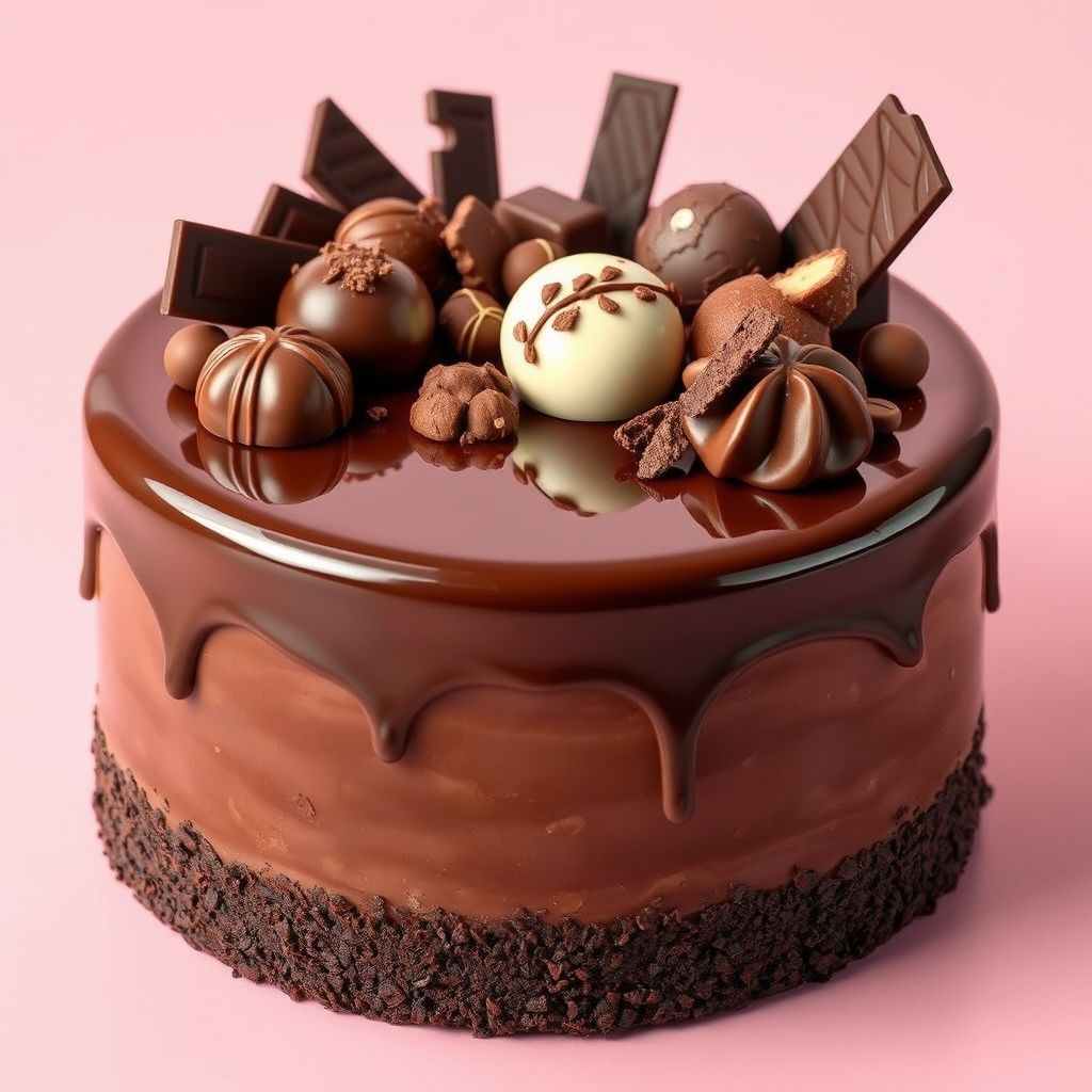 Un gâteau au chocolat riche avec ganache brillante, décoré d'un assortiment d'éléments chocolatés, sur fond rose pastel, évoquant luxe et fête.