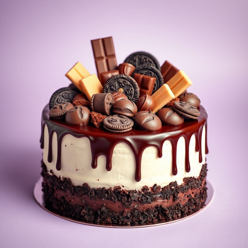 Un gâteau au chocolat décadent au centre, surmonté d'une ganache brillante qui coule doucement sur les côtés, contrastant avec un glaçage blanc lisse en dessous. Le gâteau est décoré d'un assortiment luxueux d'Oreo, barres de chocolat et gaufrettes au chocolat finement travaillées. L'arrière-plan lavande douce met en valeur les détails vibrants du gâteau, créant une atmosphère chaleureuse et gourmande. L'ensemble évoque la fête et la gourmandise, invitant à la dégustation.
