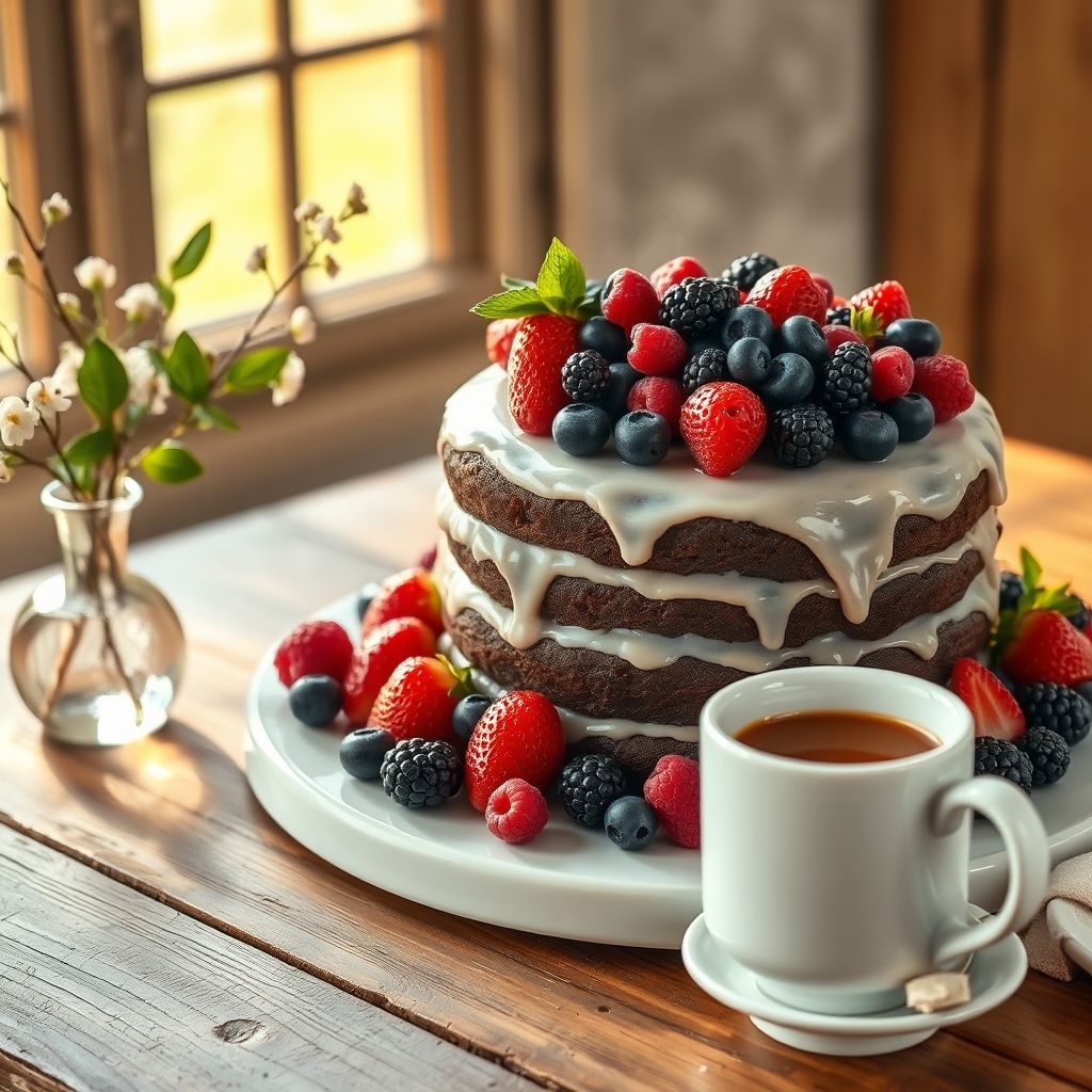 Un gâteau au chocolat décadent à trois couches, généreusement nappé d'un glaçage crémeux, garni d'une multitude de baies fraîches colorées — fraises, myrtilles, framboises et mûres — sur un plateau blanc simple posé sur une table en bois rustique, créant une atmosphère chaleureuse et invitante. À gauche, un vase en verre délicat contient des branches avec petites fleurs blanches et feuilles vertes, complétant l'ambiance festive. Une tasse blanche, probablement remplie d'une boisson chaude, est posée à proximité, invitant à un moment de convivialité. La composition douce et lumineuse crée une ambiance sereine et joyeuse, parfaite pour une occasion spéciale.