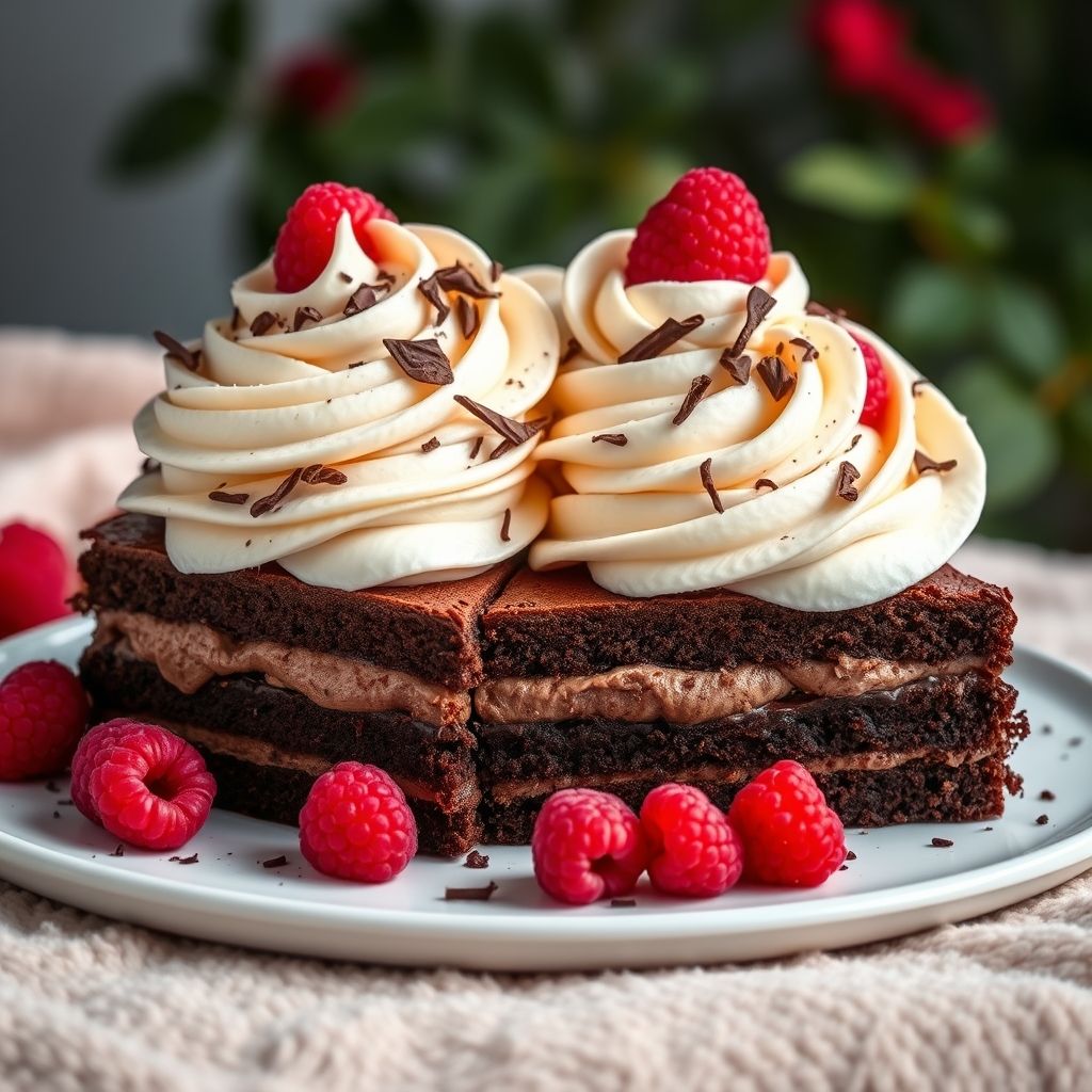 Des couches décadentes de gâteau au chocolat et mousse, surmontées d'une généreuse spirale de crème fouettée et de framboises fraîches. Le contraste entre le cacao noir et la légèreté de la crème est sublimé par la couleur rouge vif des framboises, décoré de copeaux de chocolat qui attirent l'œil. Le décor inclut une couverture douce aux tons neutres et un fond flou végétal, créant une ambiance chaleureuse et accueillante, parfaite pour un moment gourmand.