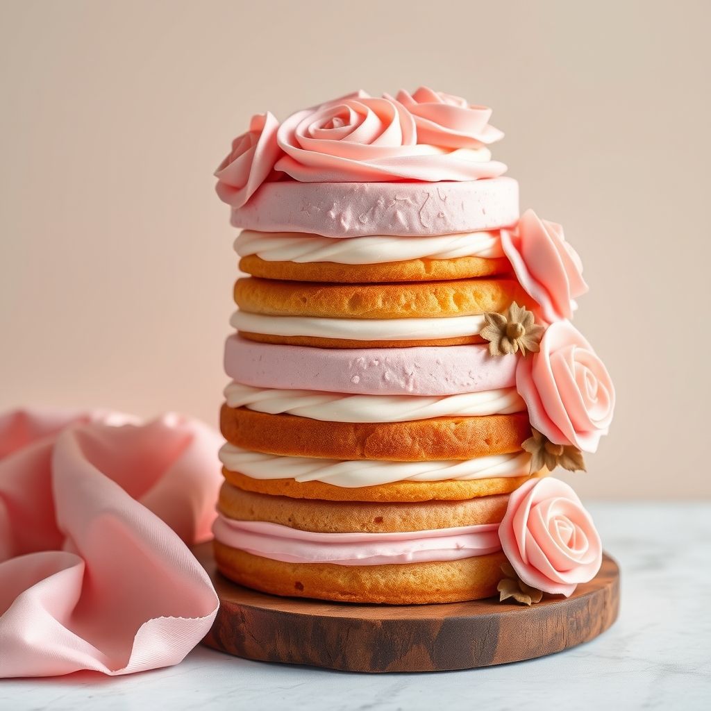 Un gâteau joliment superposé aux tons rose pastel, décoré avec détails précis en glaçage, présentant plusieurs couches de génoise entrecoupées de crème. Orné de décorations pipées comme des roses en glaçage, sur fond neutre avec un tissu rose clair à côté, évoquant une ambiance festive et douce.